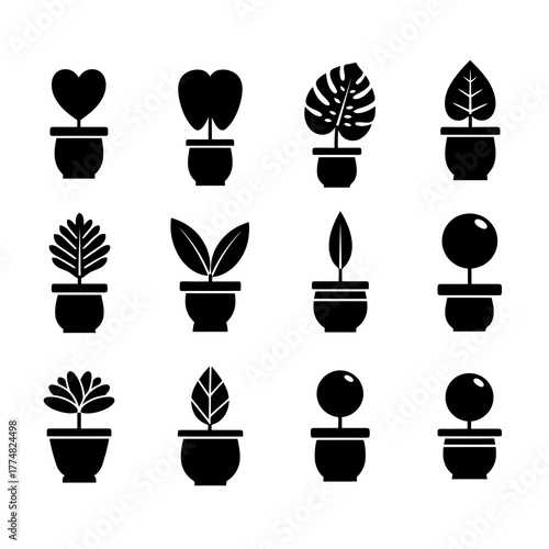 Collection of twelve stylized potted plant icons in silhouette isolated on white background