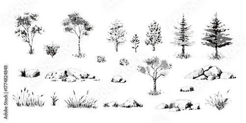 Collection of hand drawn black and white trees bushes rocks and grass elements for landscape design