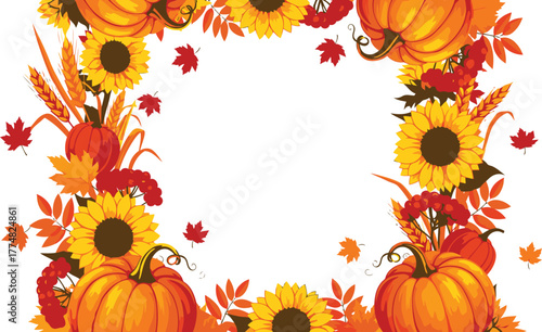 Vibrant autumn harvest frame with pumpkins, sunflowers, and colorful fall leaves surrounding a central white space, perfect for seasonal designs. space for text, a festive holiday graphic card