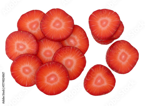 Strawberry Slices Close-up: a close-up shot of fresh strawberry slices, revealing their vibrant red hue and intricate details, inviting a taste of summer.