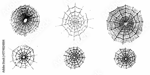 Collection of six hand drawn black and white spider web illustrations on a white background