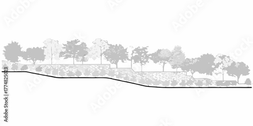 Stylized black and white architectural drawing of a terraced landscape with trees and vegetation