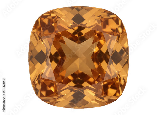 Golden Gemstone: A captivating, cushion-cut gemstone gleams with warm, golden hues, showcasing its internal facets and vibrant brilliance.