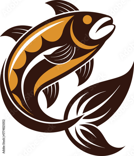 A stylized salmon leaps upward, depicted in shades of brown and gold, embodying the spirit of the wild and the bounty of nature