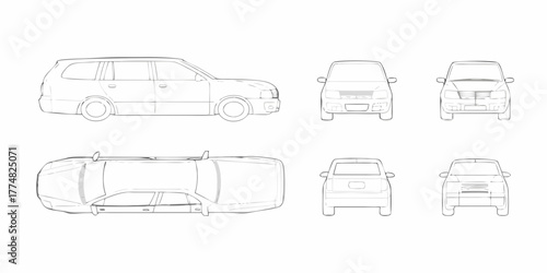 Detailed technical drawing of a station wagon car from multiple perspectives for design and illustration
