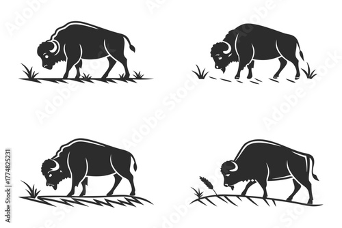 Minimalist bison grazing icon set with animal and nature elements