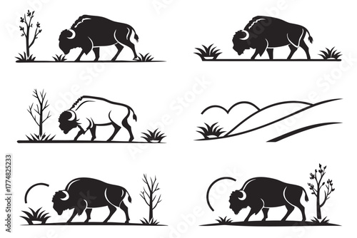Minimalist bison grazing icon set in black and yellow