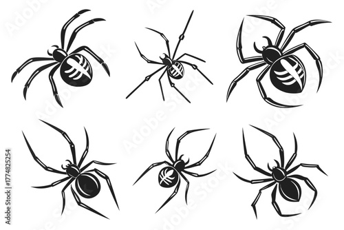 Minimalist black widow spider icon set