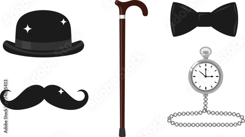 A set of icons representing classic gentleman's accessories: bowler hat, cane, bow tie, mustache, and pocket watch on a chain.