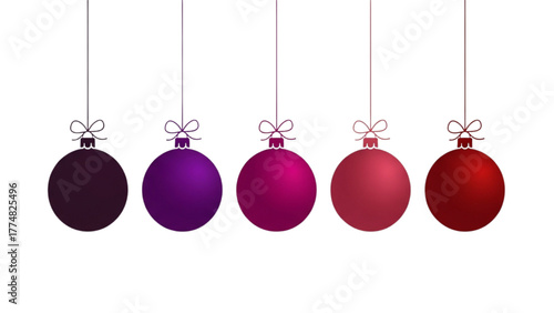 Elegant Purple and Red Christmas Balls Hanging on White Background | Minimalist Holiday Ornament Banner