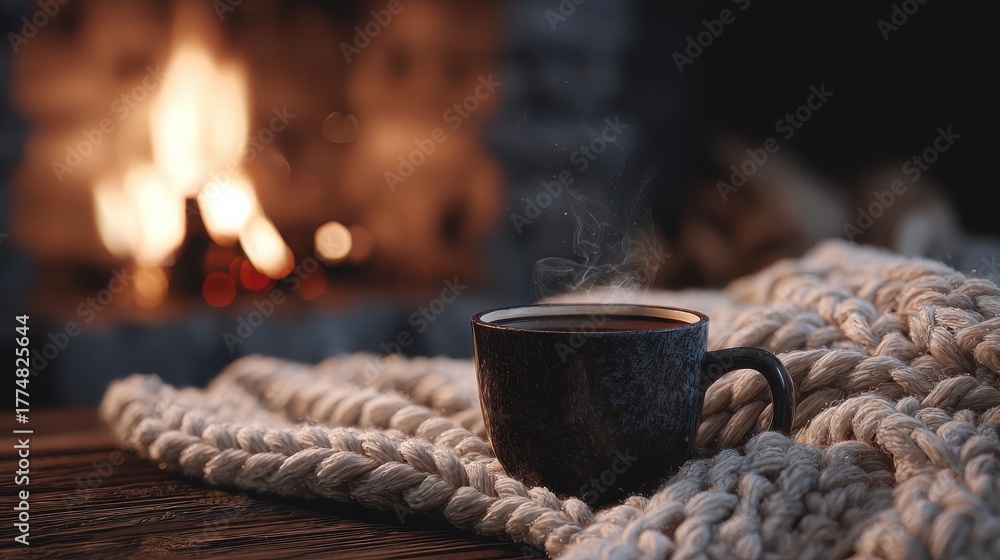 Obraz premium cozy cup of steaming coffee beside a warm fireplace and festive blanket