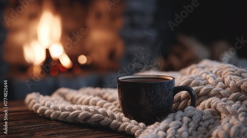 cozy cup of steaming coffee beside a warm fireplace and festive blanket