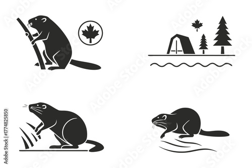 Minimalist beaver and dam icon set