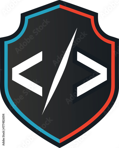 A bold emblem features a shield with a central code symbol, representing software security and protection, it conveys trust and reliability