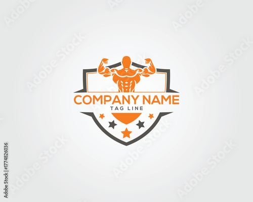 Orange and grey shield logo with muscular man and stars vector template emblem crest