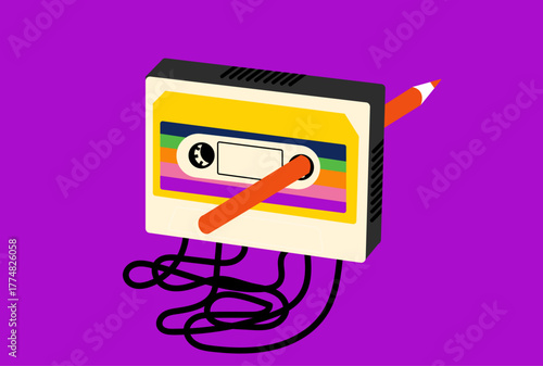Rewinding cassette with a pencil illustration