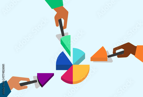 Three hands taking slice of pie chart cake, partnership and equity share illustration