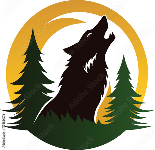 Illustration of a howling wolf silhouette against a moonlit sky, surrounded by pine trees, evoking a sense of wilderness and natural beauty