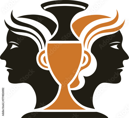 An artistic logo showcases two faces flanking a vase, symbolizing duality and balance, it represents harmony and connection between individuals