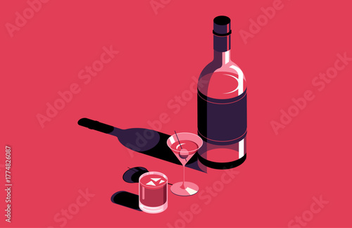 Still life alcohol glass drink bottle illustration