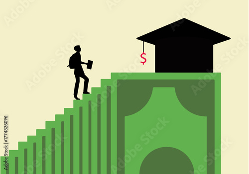 Student walking in stairs of currency to reach the top showing graduation hat, student loan illustration