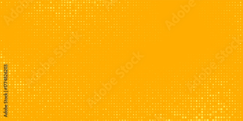 Yellow halftone pattern. Retro comic gradient background. Bright orange pixelated dotted texture overlay. Cartoon pop art faded gradient pattern. Vector backdrop for poster, banner, advertisement