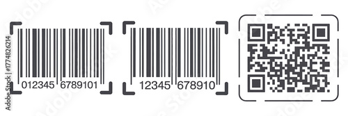 Various types of barcodes including linear barcodes and a QR code for product identification and mobile scanning solutions