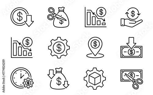 Financial Crisis and Economic Downturn Icons Representing Cost Reduction and Money Management Strategies for Investment and Business