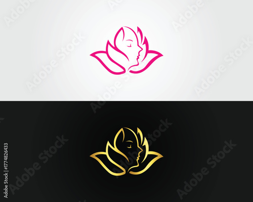 Pink and Gold Lotus Flower With Woman Face Silhouette Logo vector template