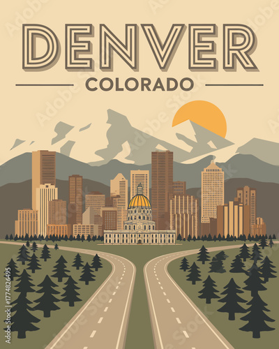 Denver Colorado Skyline Cityscape with Mountains and Roads Vintage Style Travel Poster Design