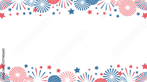 Patriotic Background with Red White and Blue Stars and Fireworks for July 4th Celebration