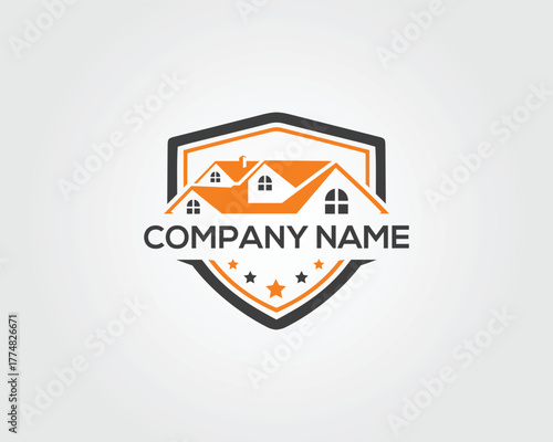 Orange and vector template black shield logo with house roofs and stars home