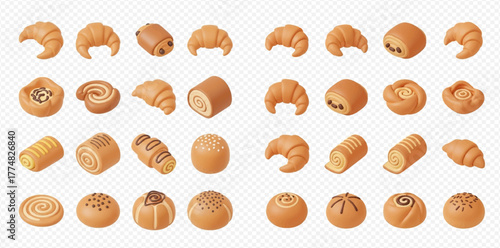 An assortment of isometric 3D baked goods, including croissants, pain au chocolat, cinnamon rolls, and various sweet buns, on a transparent background.