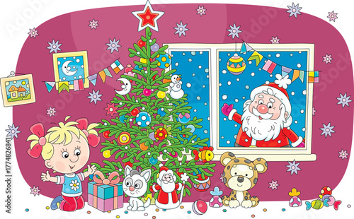Happy little girl with a gift box near a green Christmas tree decorated with colorful holiday toys, balls, sweets and garlands, Santa Claus waving through a snowy window, vector cartoon illustration