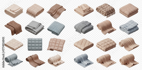 A comprehensive collection of various blankets and throws in different textures and neutral colors, presented in multiple folded and rolled arrangements.