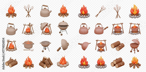 A collection of 3D rendered icons depicting various camping and outdoor cooking essentials, including campfires, kettles, grills, pots, and firewood.
