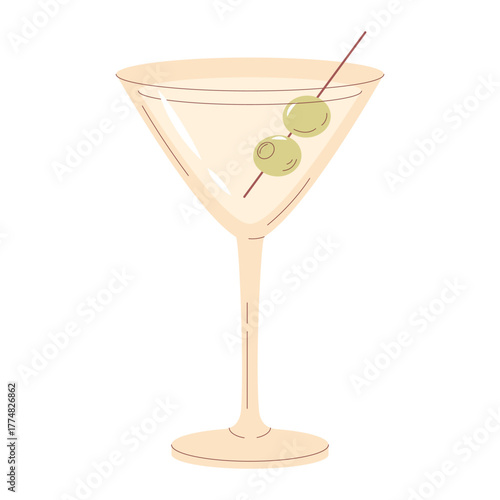 Classic Martini cocktail vector illustration. Pale golden drink in a conical martini glass, garnished with two green olives on a skewer in a clean. Modern hand drawn flat design