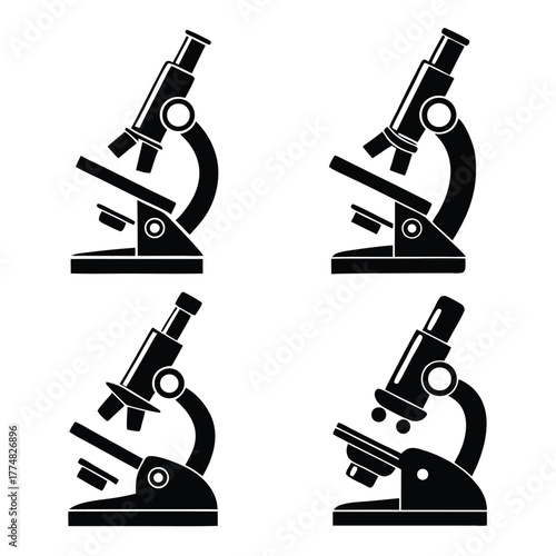Dark microscope shows optics and base in monochrome simplicity, a scientific instrument