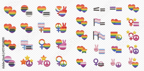Collection of diverse LGBTQ+ pride symbols featuring rainbow hearts, transgender flags, peace signs, and gender equality icons on a checkered background.