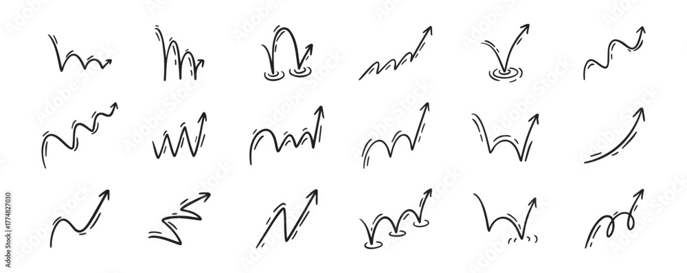 Fototapeta premium Bounce effect arrows doodle set. Manga and comic stile arrow design elements. Ball jump trajectory, ball motion expression