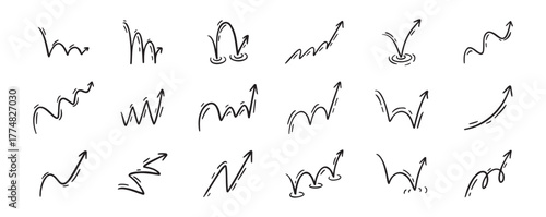 Bounce effect arrows doodle set. Manga and comic stile arrow design elements. Ball jump trajectory, ball motion expression