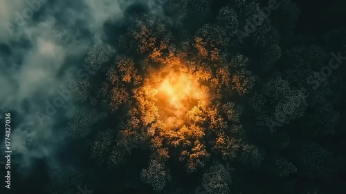 Aerial view of dense forest canopy illuminated by intense central light source amidst fog