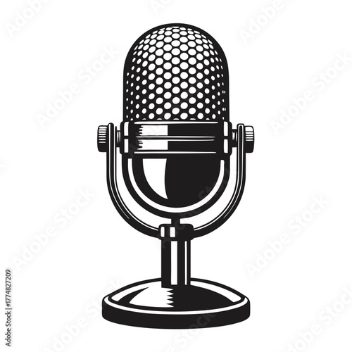 Black vintage microphone stands poised, reflecting classic audio recording technology through minimalist style