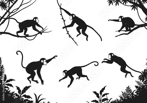 Tableau sur toile Monkey silhouettes vector set, jungle primate illustration, swinging monkeys des