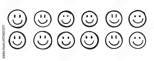 Smile face Doodle sketch style icon set. Smiling face hand drawn, happy emotion concept.