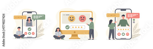 Customer feedback concept with people giving rating and review