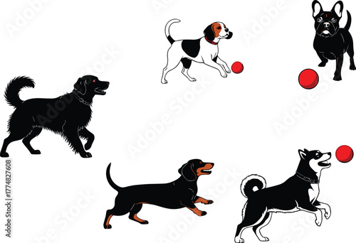 Playful dogs with red balls, cute cartoon pets illustration, multiple dog breeds playing fetch, vector art for animal lovers, design