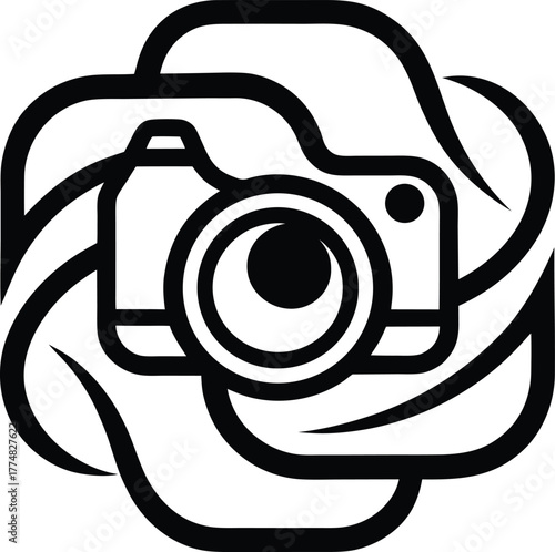 A sleek and modern camera logo design with swirling leaves, capturing the essence of photography, nature, and creativity