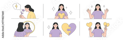 A woman is looking in the mirror and loving herself