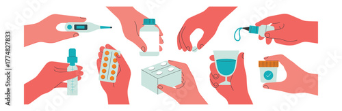 Hands holding various medicine and pills healthcare concept